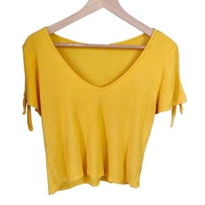 Ardene Bright Yellow Ribbed Tie-Sleeve Top Large